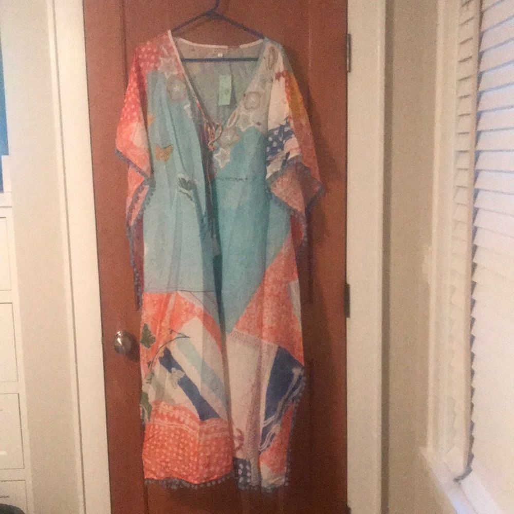 DEBBIE KATZ XL V NECK WITH TASSELS KAFTAN COVERUP NWT DRESS